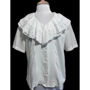 Vintage LAUREN LEE Pintuck Lace Collar Blouse White Romantic Cottagecore size 14